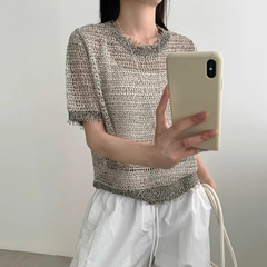 リヨセルテンセルニット半袖Tシャツレディース2025新作夏薄手ルーズデザイン中空トップトレンディ