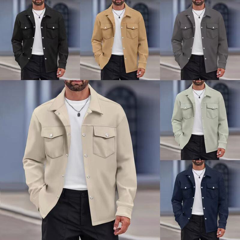 Cross-border New European and American Casual Solid Color Men's Jacket Trendy Fashion All-match Lapel Double Pocket Slim-fit Jacket for Men Cross-border New European and American Casual Solid Color Men's Jacket Trendy Fashion All-match Lapel Double Pocket Slim-fit Jacket for Men