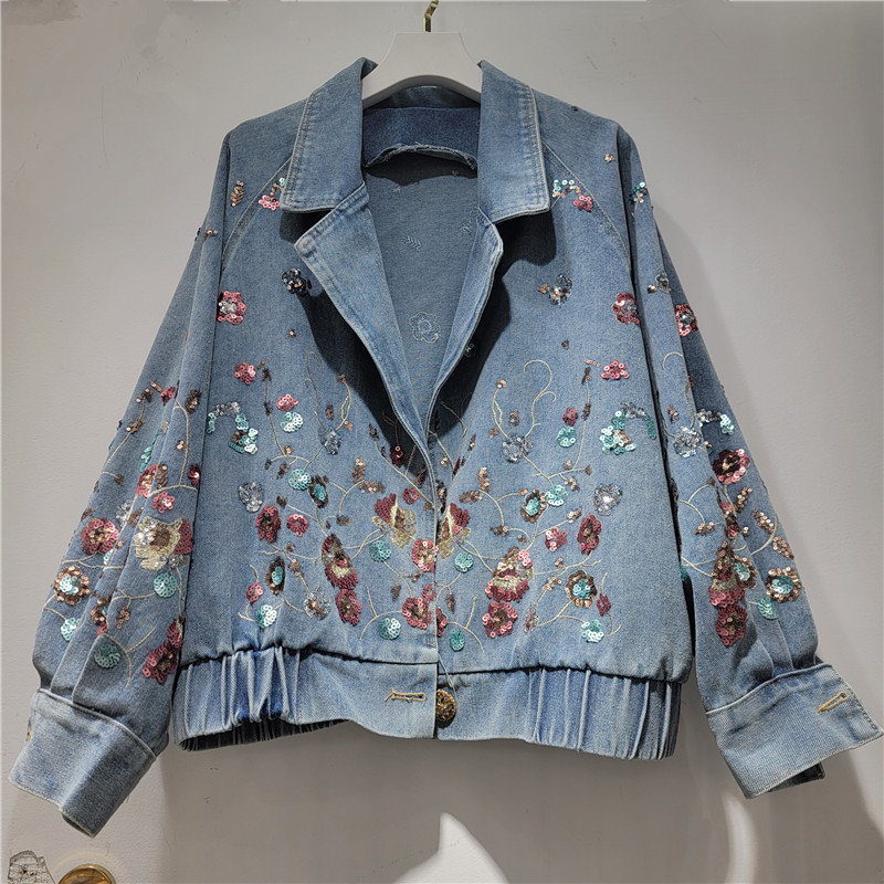 Vintage Distressed Heavy Sequined Denim Jacket for Women, New Korean Style Loose Fit, Slimming and Versatile, Suitable for Spring and Autumn