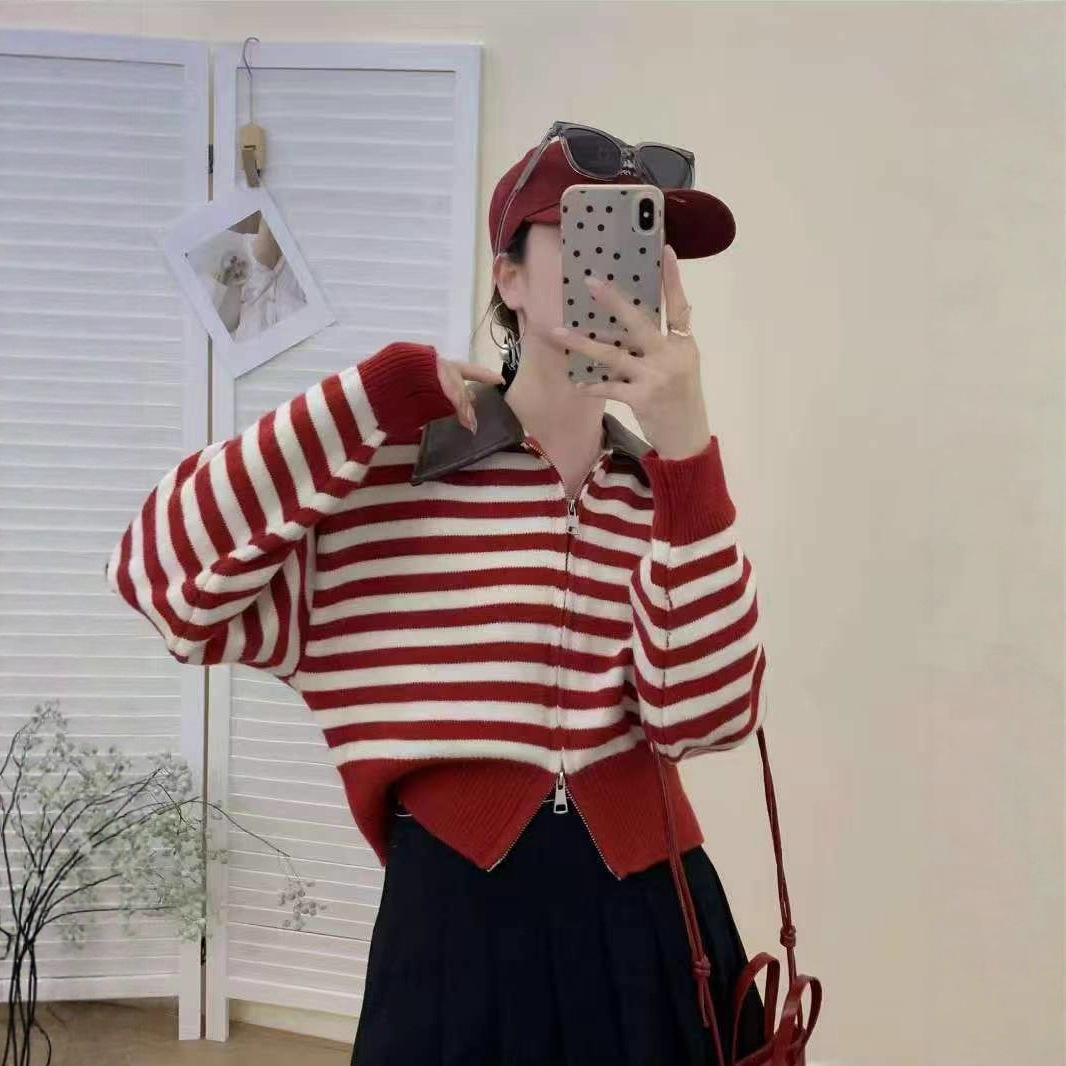 2025 New Cross-Border Coat Sweater Women's Striped Top Coat Women's Autumn and Winter Wear Retro Korean Style Contrasting Color Soft and Waxy