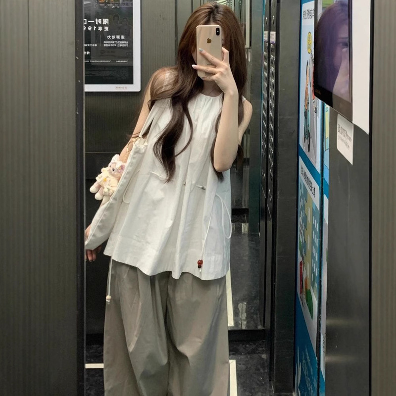 Designed Niche Casual Sports Suit for Women Summer Sleeveless Drawstring Top Thin Workwear Wide-Leg Pants Two-Piece Set