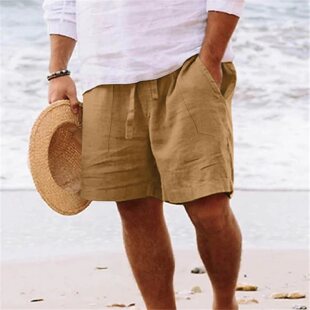 Men's shorts cotton and linen summer drawstring elastic waist straight legs solid color comfortable breathable short daily beach (large