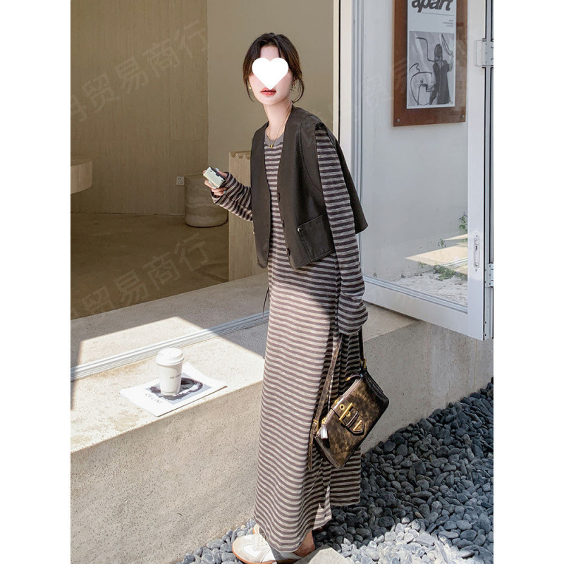 时尚皮马甲条纹长袖连衣裙两件套女2025秋新款今年流行显瘦套装|undefined