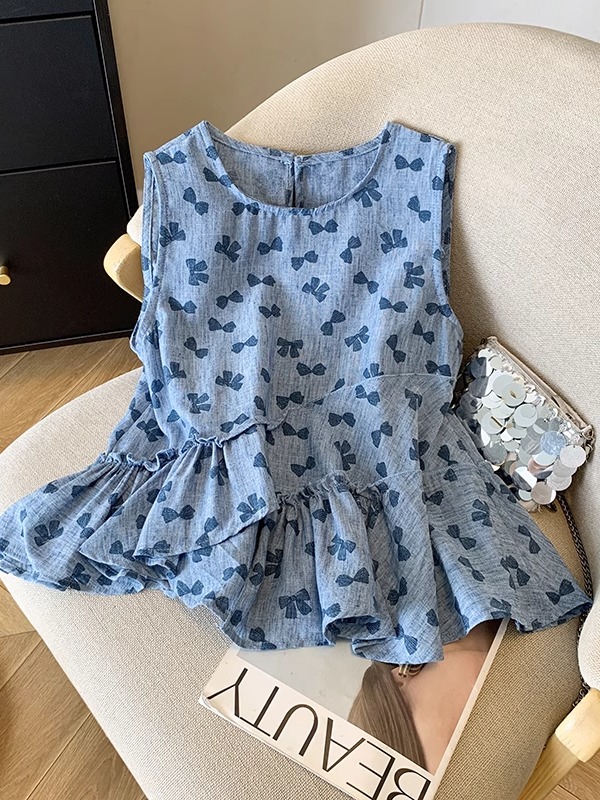 蓝色蝴蝶结印花无袖衬衫女夏季洋气减龄小衫小众设计褶皱拼接上衣