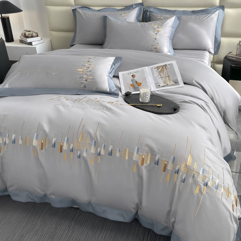 Современный модный хлопковый комплект простыня оптом стиль light luxury с вышивкой простого и элегантного дизайна комплект из 4 предметов