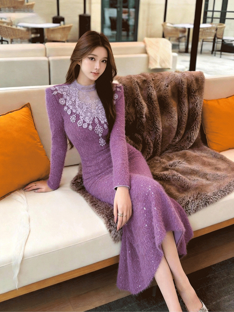 Đầm ôm body nữ cổ tròn ren chắp vá eo thon dáng dài — màu tím chi tiết 11
