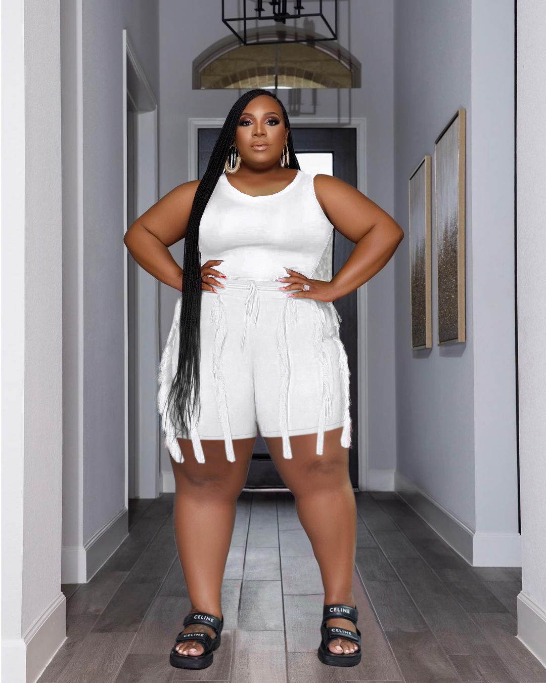 Women's Clothing Two-piece Set with Tassel Shorts, Sleeveless Casual Suit, Sports Large Size Two-piece Set_voghion.com