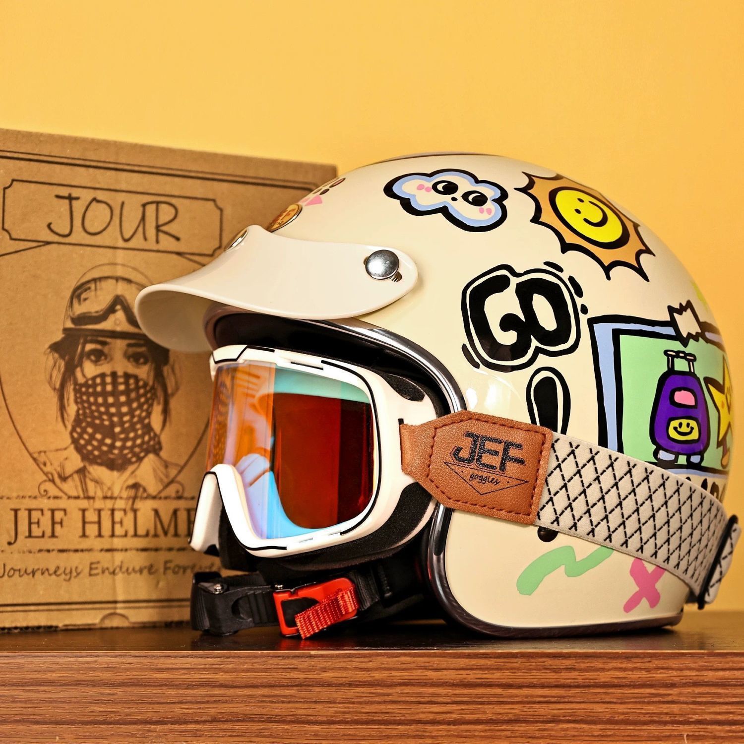 Universal Taiwan JEF Retro 3/4 Motorcycle Helmet Men Women 3C (Auto Parts and Accessories) - xs-50-51-head-circumference-colorful-holiday-real-shot-display