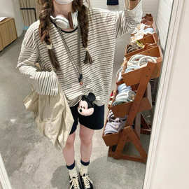 原版色织雪花韩系松弛慵懒条纹防晒t恤女长袖薄上衣秋季秋季外穿