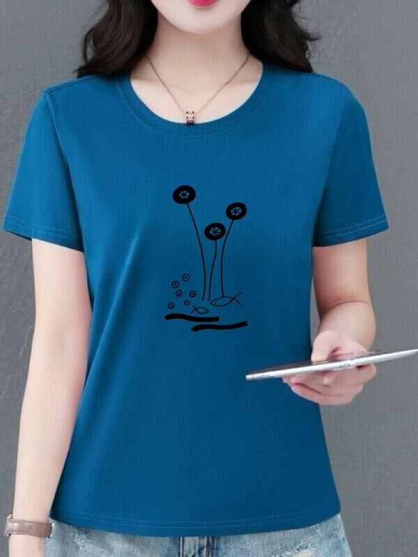 Light Luxury High-End Goods~ Short-Sleeved Shirt for Women, Loose Round Neck Printed Top, Slimming Plus-Size Casual Summer Wear for Middle-Aged Moms