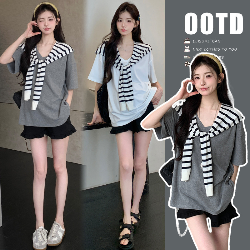 Maternity Wear Casual Casual Slimming T-Shirt + Summer Thin Belly Support Shorts Striped Shawl Pregnant Women Three-Piece Suit