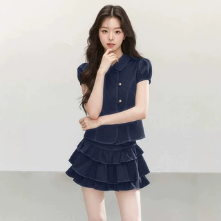 可批发定制夏季牛仔娃娃领套装女显瘦减龄蛋糕短裙少女感两件套