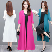 夏季女士长款雪纺开衫薄款过膝防晒衫中袖纯色宽松披肩大码外搭