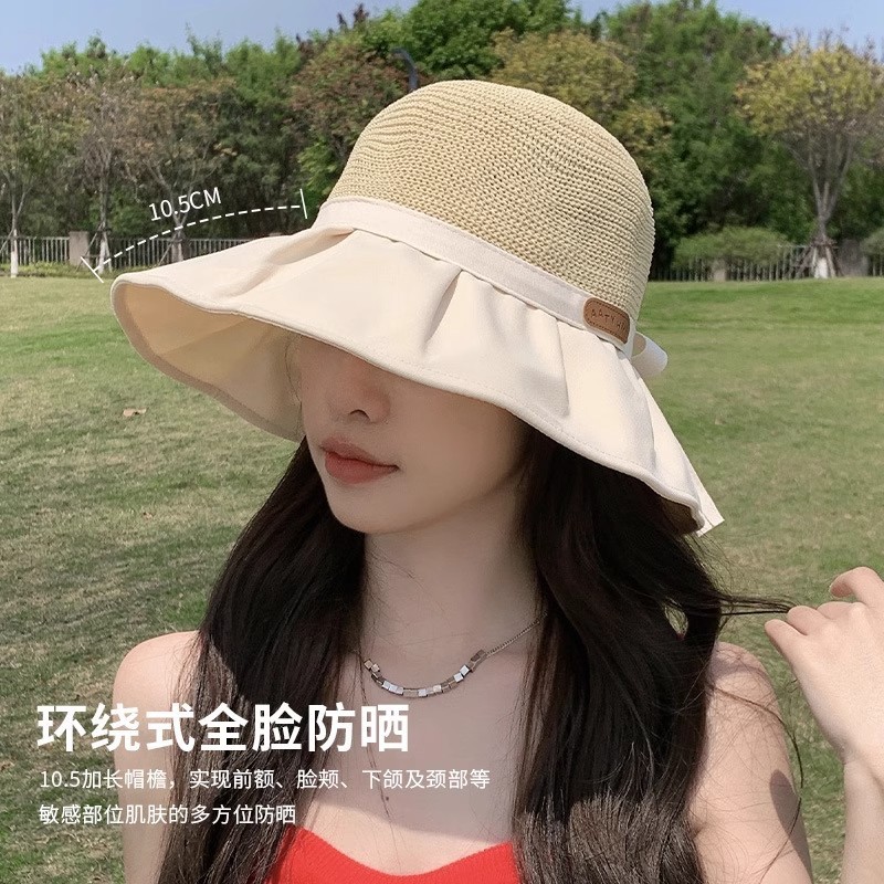 大きなつばの日よけ帽子夏の新しい日よけ麦わら帽子女性のフルカバー漁師の帽子顔を覆うサイクリング日焼け止め帽子屋外帽子|undefined