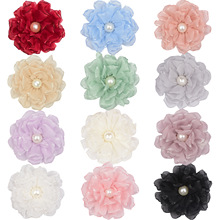 韩版欧根纱亮面烧边珍珠玫瑰花diy手工烤边头饰胸花衣服装饰辅料