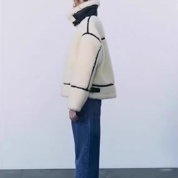 Dameskleding herfst en winter nieuwe mode bontjas opstaande kraag contrasterende kleur casual warme jas_voghion.com