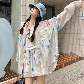 水墨扎染涂鸦衬衫两件套女25夏季新款小众长袖防晒上衣+短裤套装