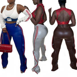 B9312  2021新款修身测边织带木耳边皮裤