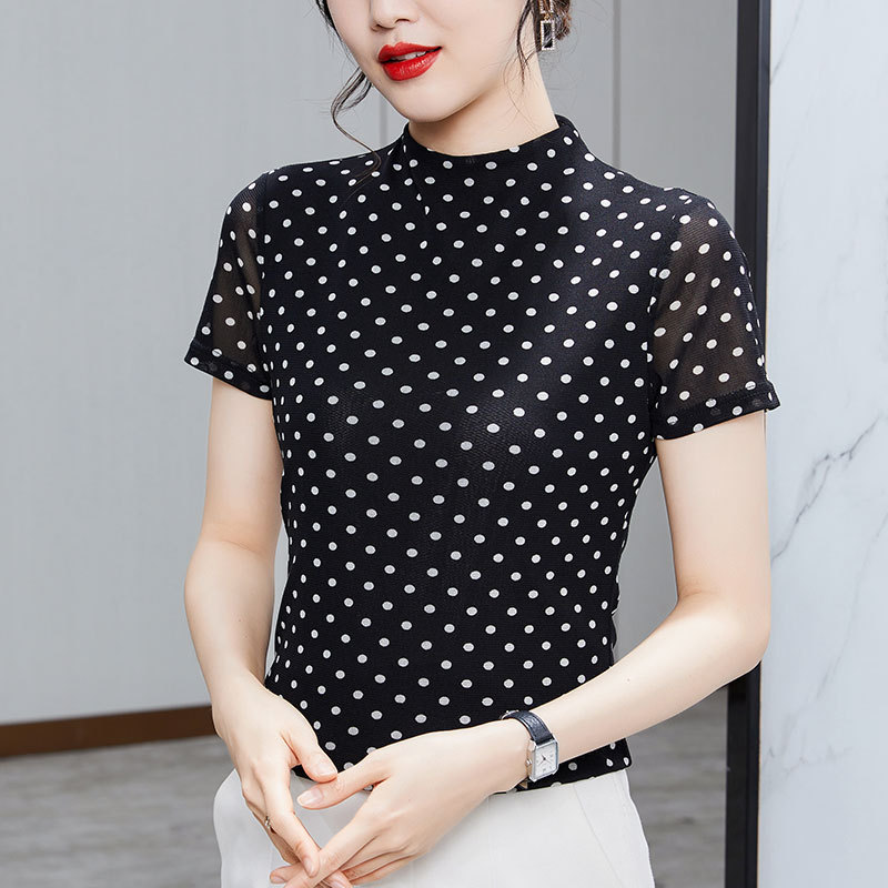 반하이넥 작은 물방울무늬 반팔 티셔츠 여성용 2026 여름 신상 거즈 프린트 세련된 여성용 상의