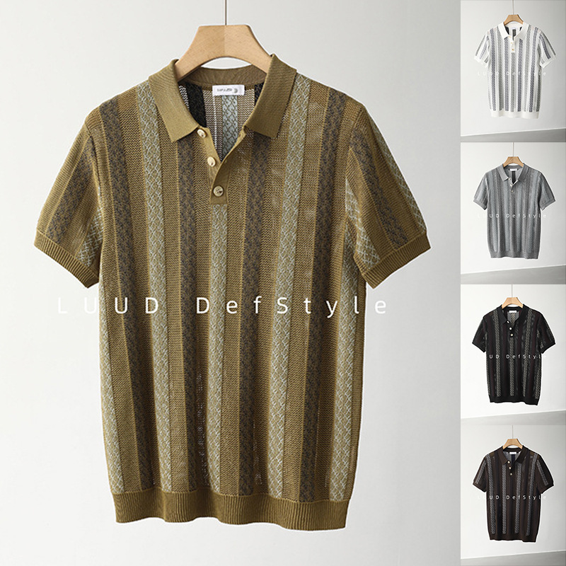 Polo camiseta de punto camiseta de manga corta camiseta de hombre solapa rayas huecas viejos vientos de alto nivel de verano fábrica transfronteriza al por mayor