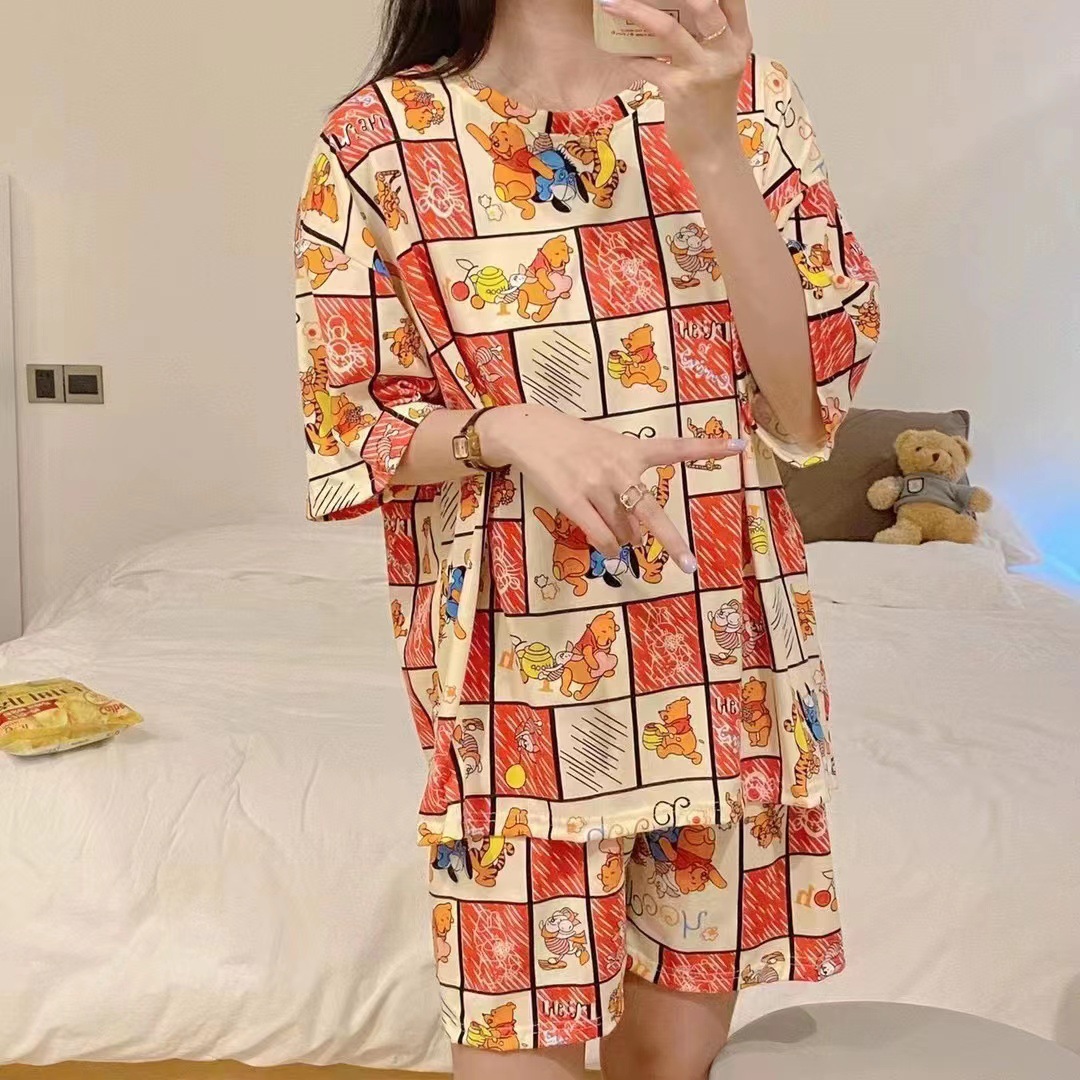 Pijamas de oso de dibujos animados de manga corta de verano para mujeres estudiantes lindo cuello redondo verano Delgado dulce casual traje de desgaste para el hogar