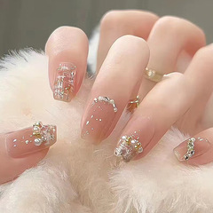Fresh and Gentle Wind False Nail Sticker Blush Pearl Diamond Flashy Beauty Nails Removable Wear Nail Sticker Wholesale