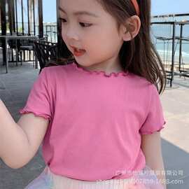 夏季新款韩版休闲女儿童木耳边上衣百搭短袖T恤简约百搭纯色打底