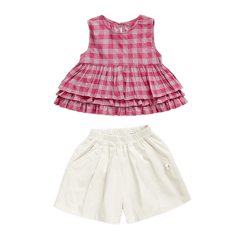 女の子の夏のスーツ 2025 新しい子供服女の赤ちゃんの夏の薄いノースリーブスプライシングスーツトレンディな子供服|undefined
