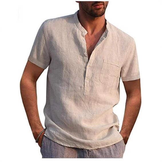 2022 AliExpress deseo Amazon Venta caliente de los hombres de manga corta con cuello en V casual ropa de playa camisa de lino de los hombres