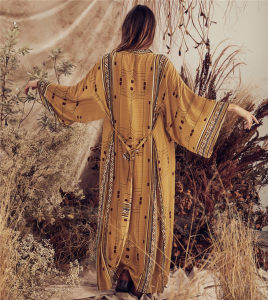product - wholesale Rayon Positioning Printed Sexy Cardigan with Belt Beach Cover-up Vacation Skirt Beach Cover Up - 13