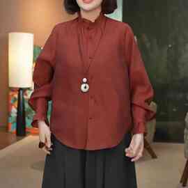 法式木耳边立领长袖衬衫女2026春季大码胖mm宽松显瘦通勤百搭上衣