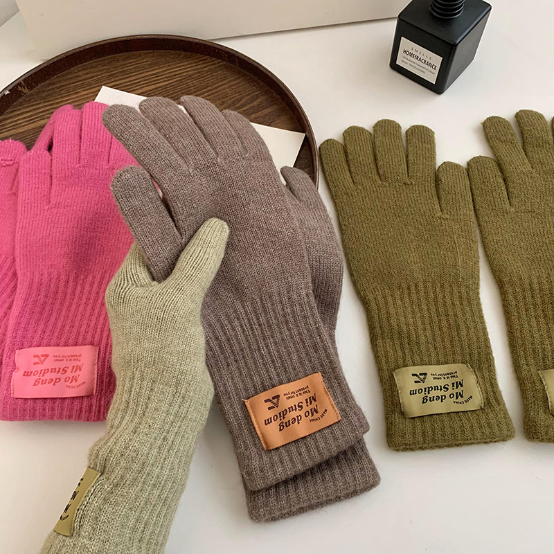 Guantes de ciclismo de invierno nuevo caliente polvo de frambuesa coreano color sólido alargado y grueso guantes de lana de punto de cinco dedos