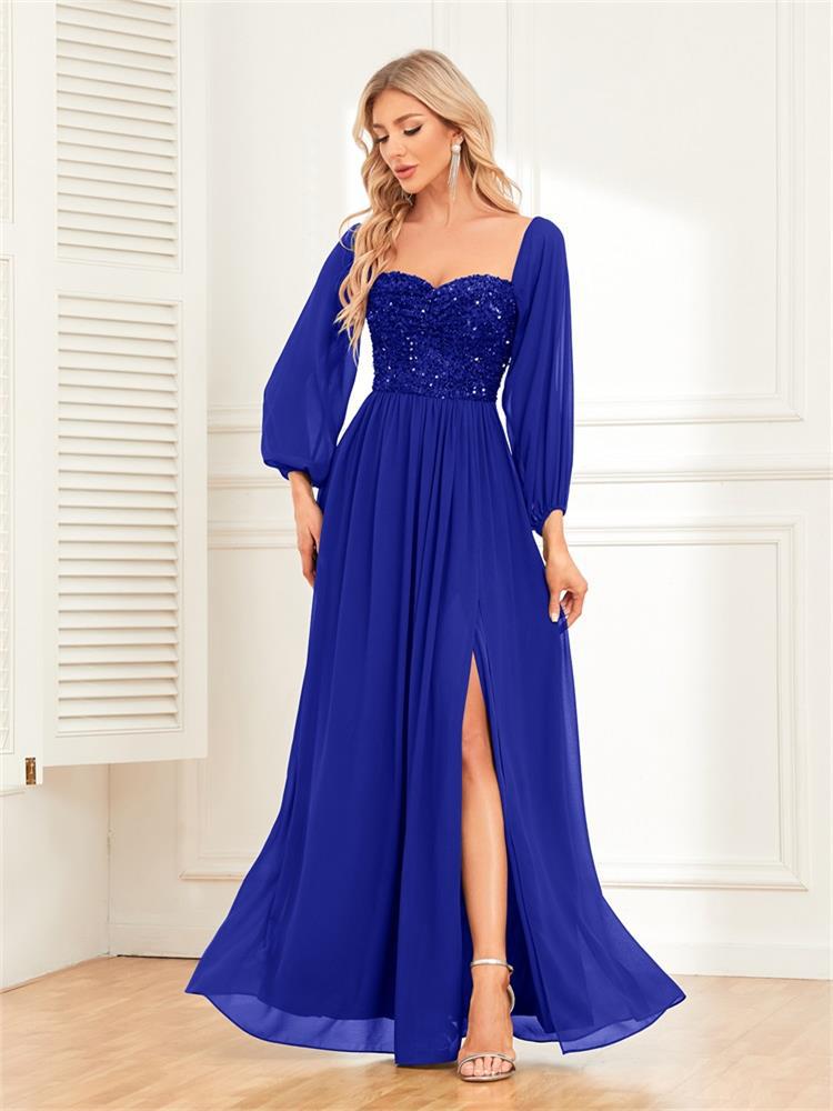 Elegante multi-desgaste fuera del hombro vestido de encaje de hendidura alta totalmente forrado lentejuelas costura gasa Vestido de manga larga