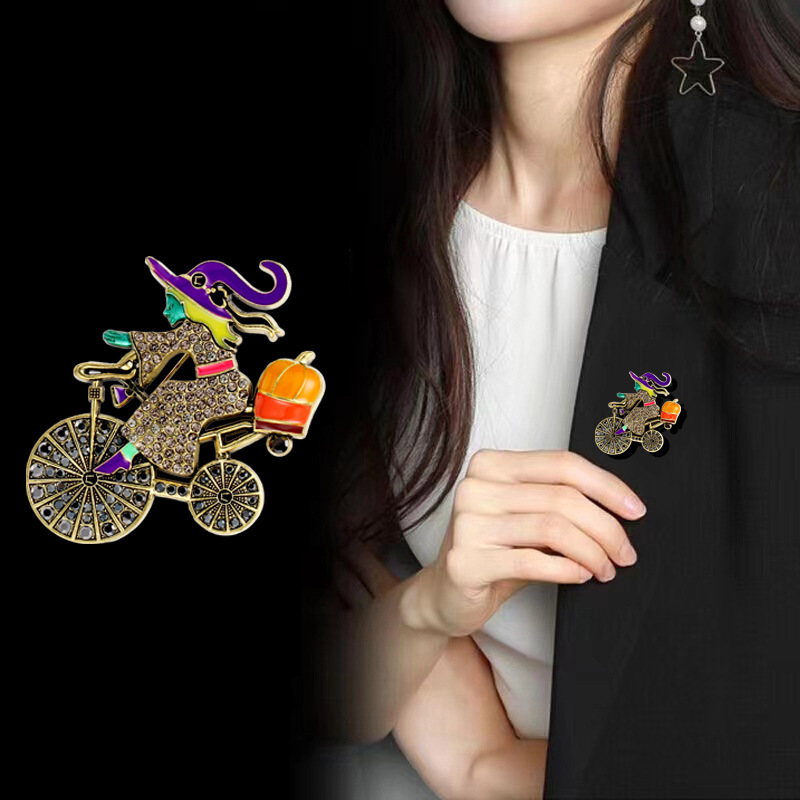 欧美时尚女巫骑自行车南瓜胸针镶钻滴油创意万圣节卡通搞怪配饰|undefined