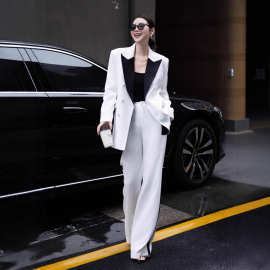 2025秋季商务风职业西装套装设计感黑白领撞色西服直筒裤两件套女