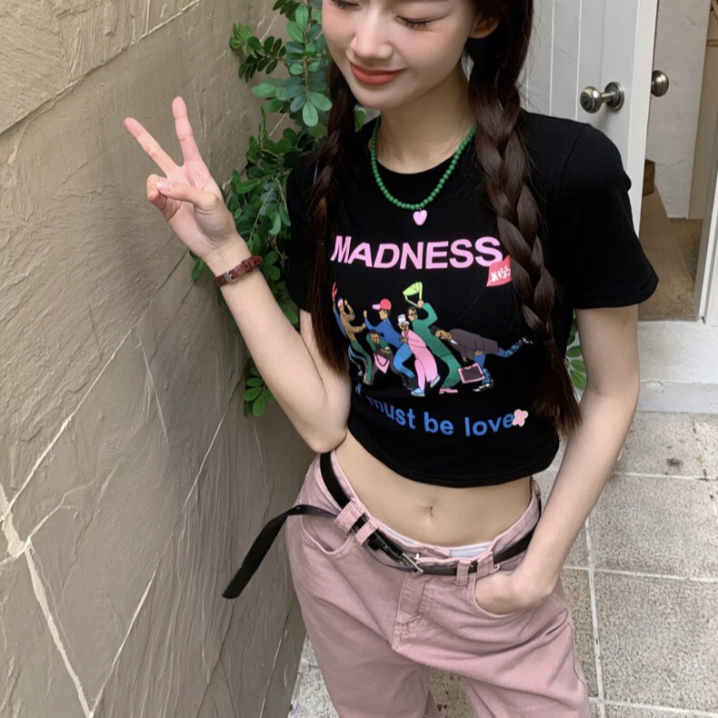 American Retro Black Short-Sleeved T-Shirt Summer New Sweet and Cool Sexy High-Waist Slim Navel-Baring Short Top Ins Trend