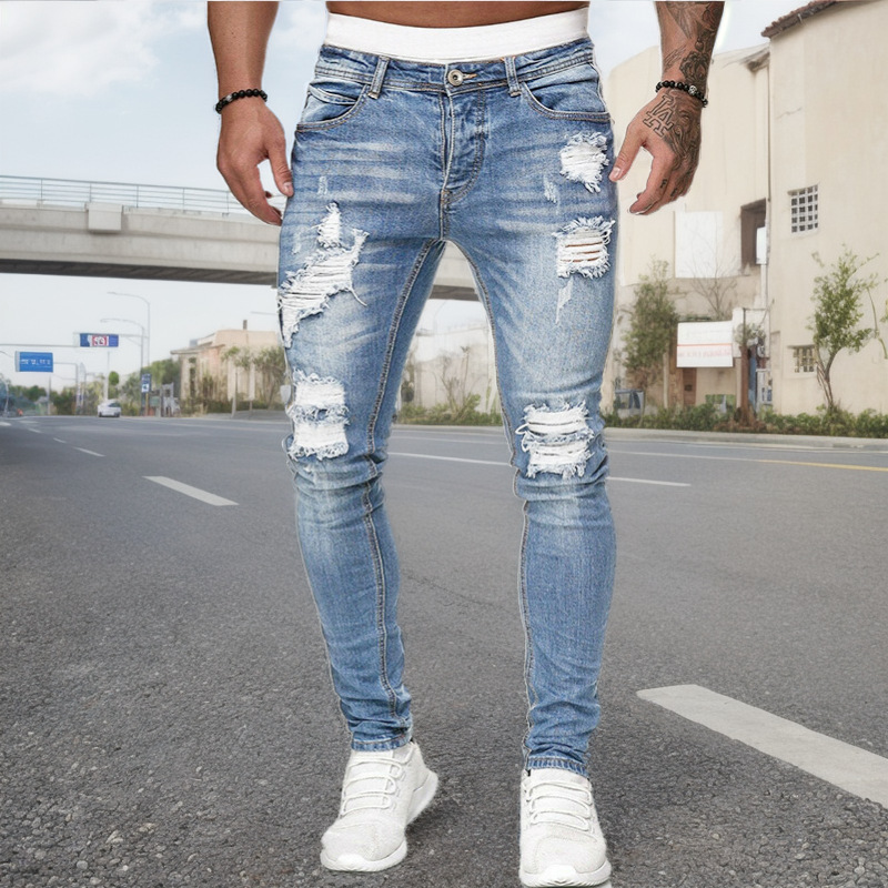 New Trendy Aliexpress European and American Slim-Fit Men's Jeans with Holes, Export Quality Slim-Fit Jeans for Wish Cross-Border Sales