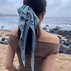 法式复古蓝色贝壳印花飘带头绳设计感百搭2025新款洋气发饰发圈女