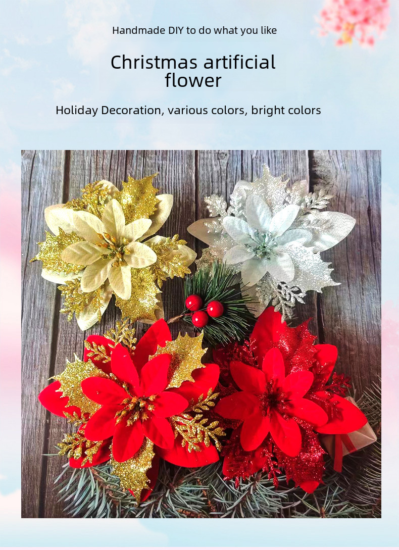 Spot all'ingrosso singolo oro polvere fiore di Natale simulazione fiore albero di Natale ciondolo decorativo fiore corona accessori regali per le feste_voghion.com