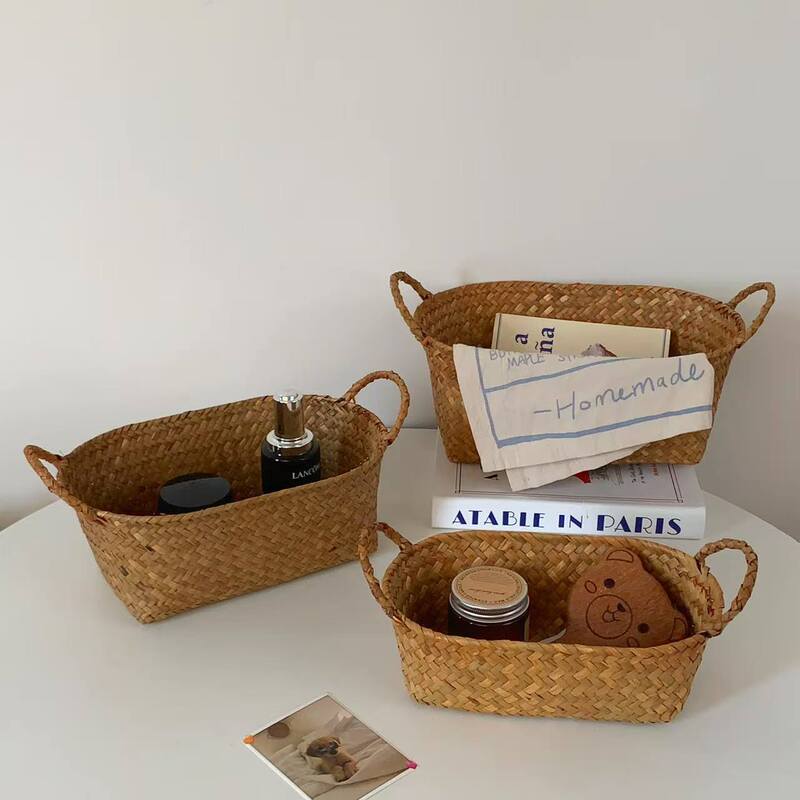 Retro Woven Storage Basket Home Living Room Desktop Sundries Cosmetics Storage Basket Multi-Functional Storage Basket