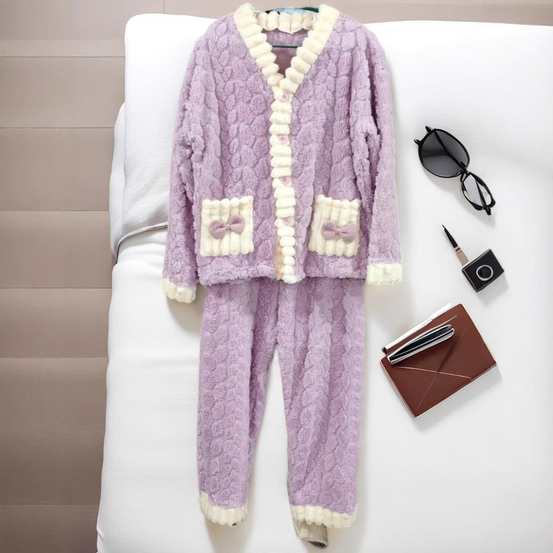 秋冬季珊瑚绒睡衣套装女加绒加厚家居服时尚可外穿法兰绒开衫睡袍|undefined