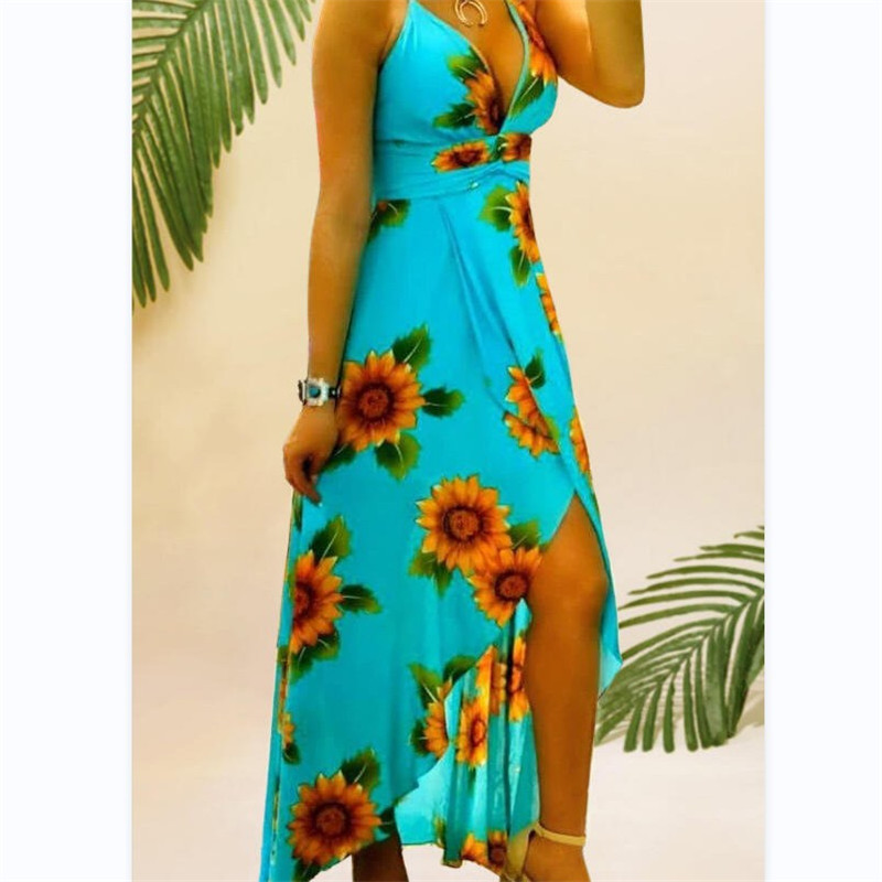 Special Sale on Women's Clothing: Sunflower Print Dress, Fashionable and Sexy V-Neck Halter Long Dress with Slit, in Stock
