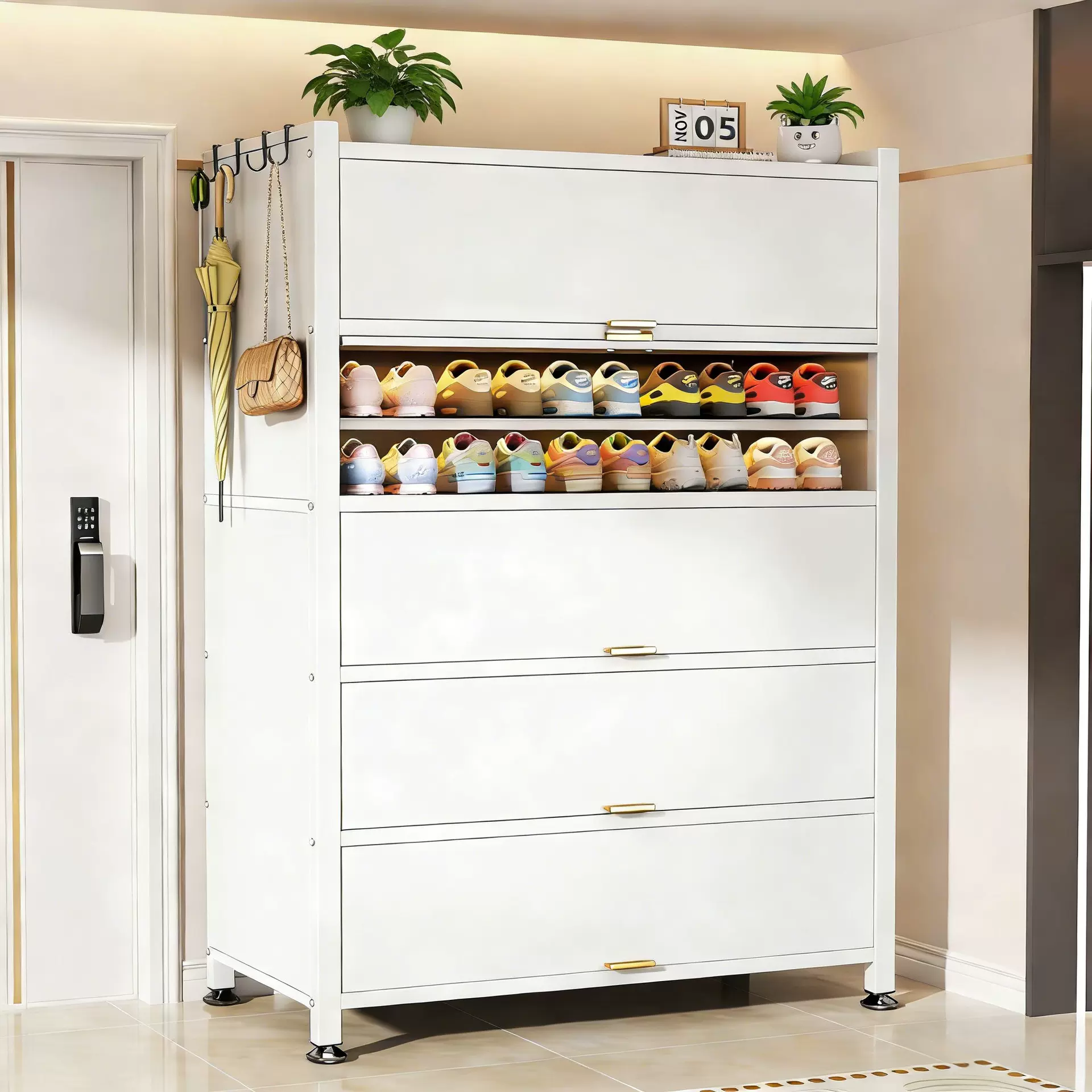 三箭钢制鞋柜2026新款家用门口落地多层防尘鞋架入户收纳置物柜