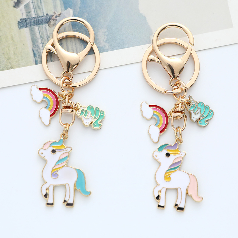 Cartoon Rainbow Unicorn Key Chain Pendant Dripping Oil Alloy Pony Car Key Chain Cute Couple Bag Pendant