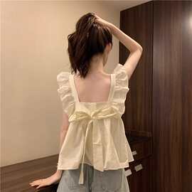 蝴蝶结小飞袖吊带背心女夏季无袖外穿遮副乳娃娃衫多巴胺海边上衣