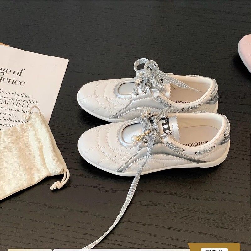 Grape Mom Studiolee Height Increase 5cm~ Thick-Soled Pearl Lace-Up Round-Toe Color-Block Casual Shoes Women's Sneakers