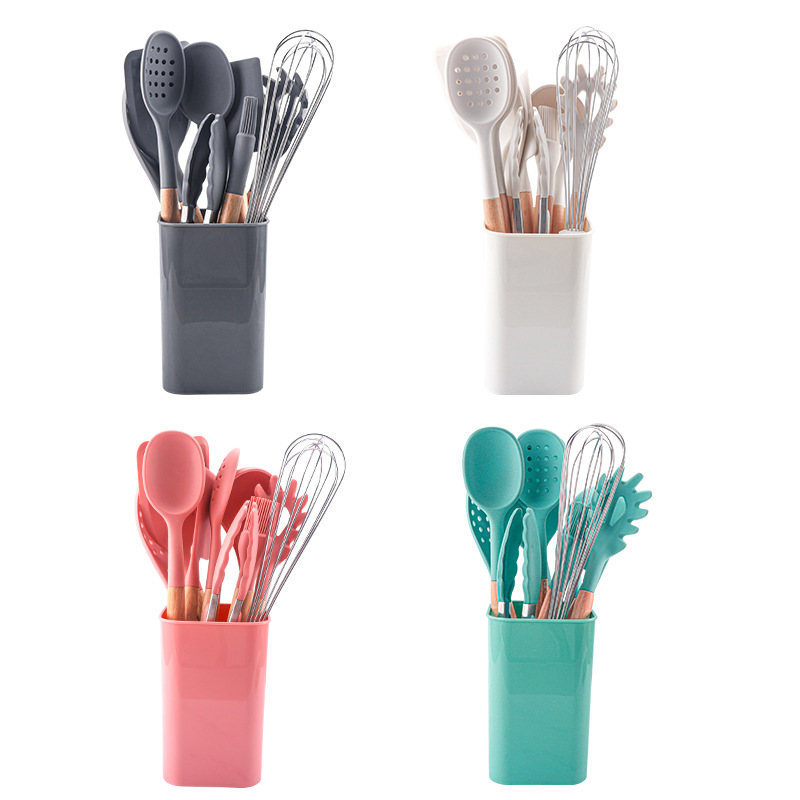 11-piece silicone kitchenware set with wooden handles, kitchen tools, kitchen cooking spatula and spoon set, storage bucket, color box packaging