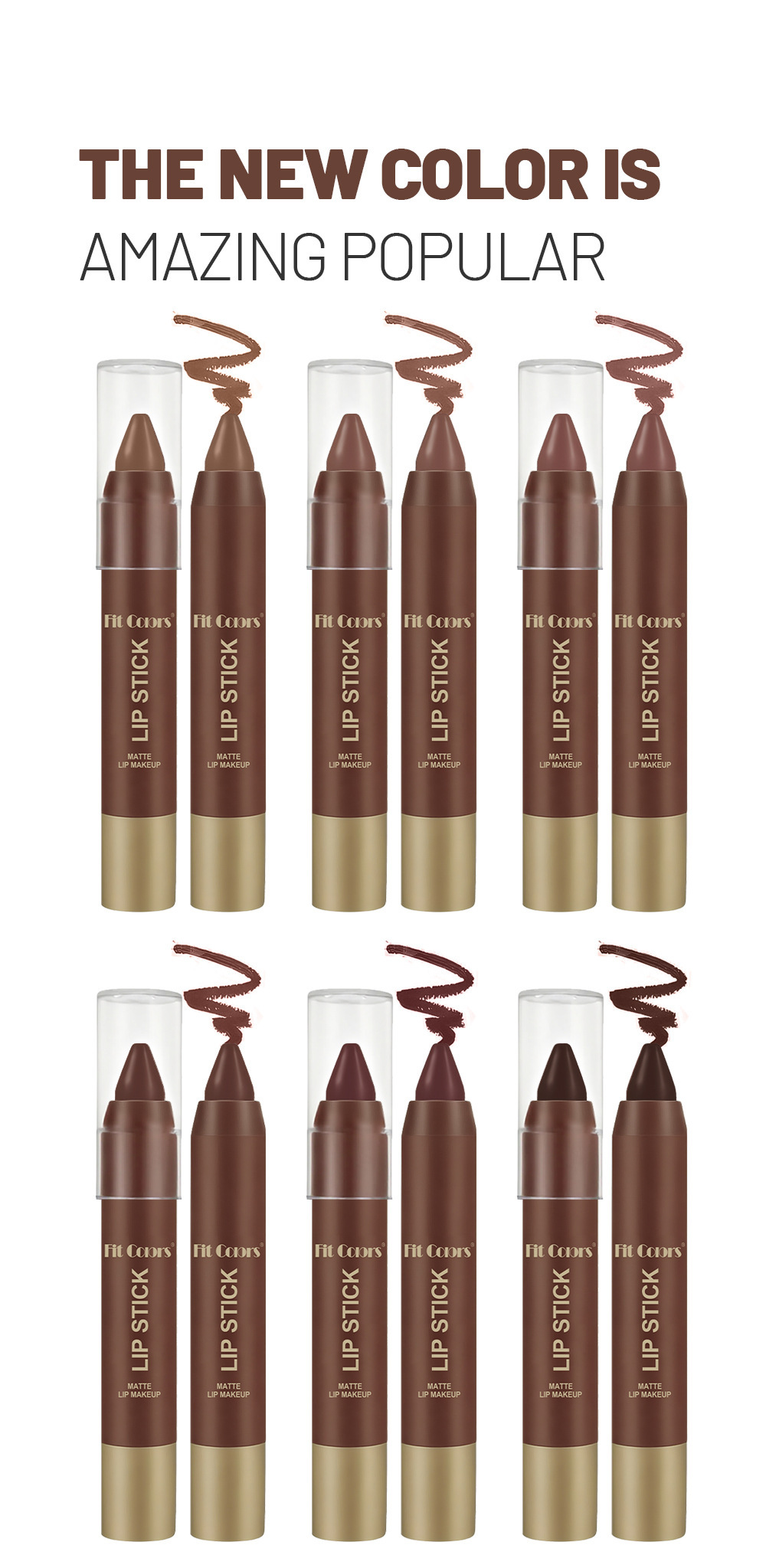 Sett med 6 matte sjokolade-leppestifter med lipliner_voghion.com