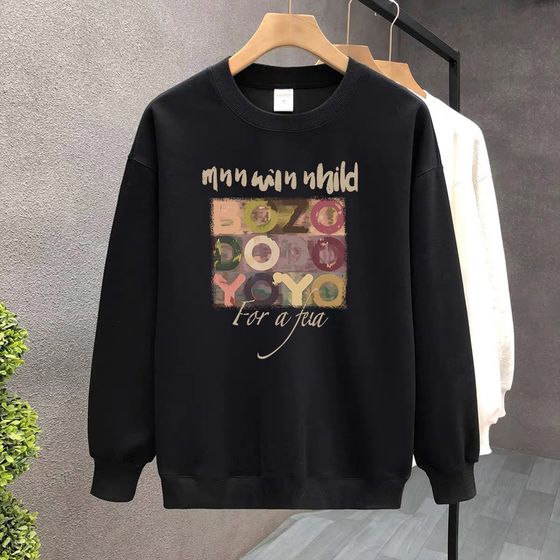 Round Neck Sweatshirt Women's Loose Shoulder Black Long-Sleeved Factory Wholesale Printed Trendy Plus Size Women's Autumn and Winter Tops