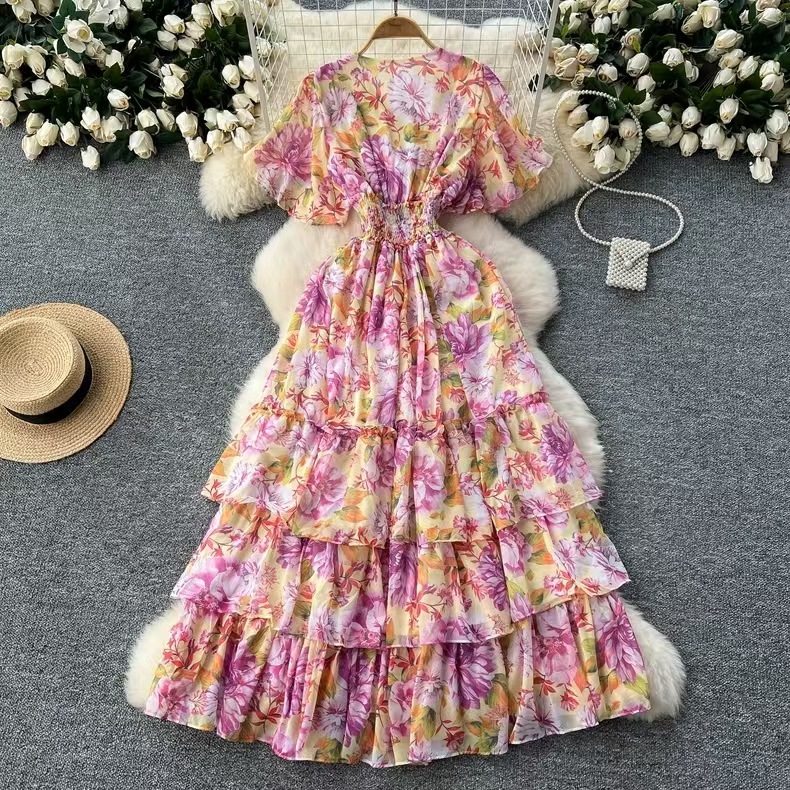Floral Maxi Dress – High Waist Chiffon A-Line Dress With Ruffled Sleeves (One Size, V-Neck, Elegant Occasion Wear)_ecoleips.com